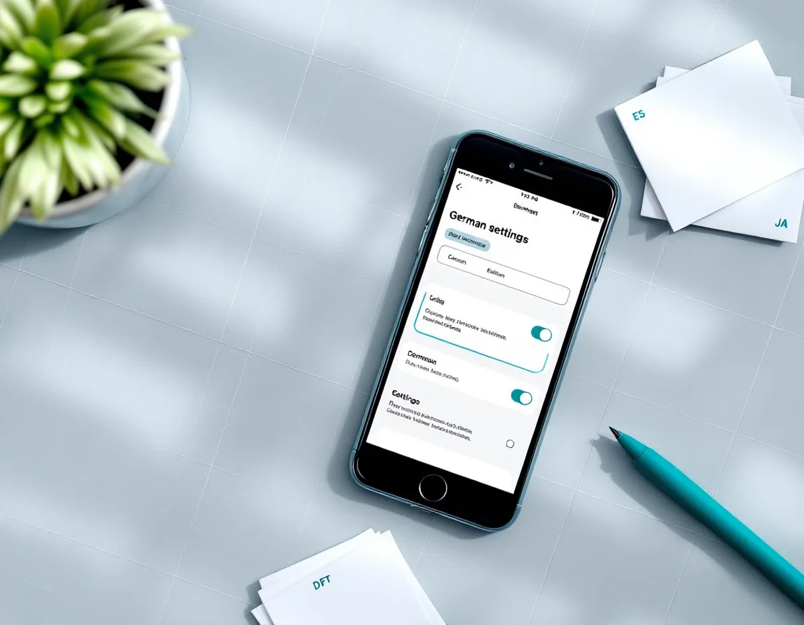 A phone showing a German settings screen beside a printed screenshot with an overflowing button label circled in teal ink